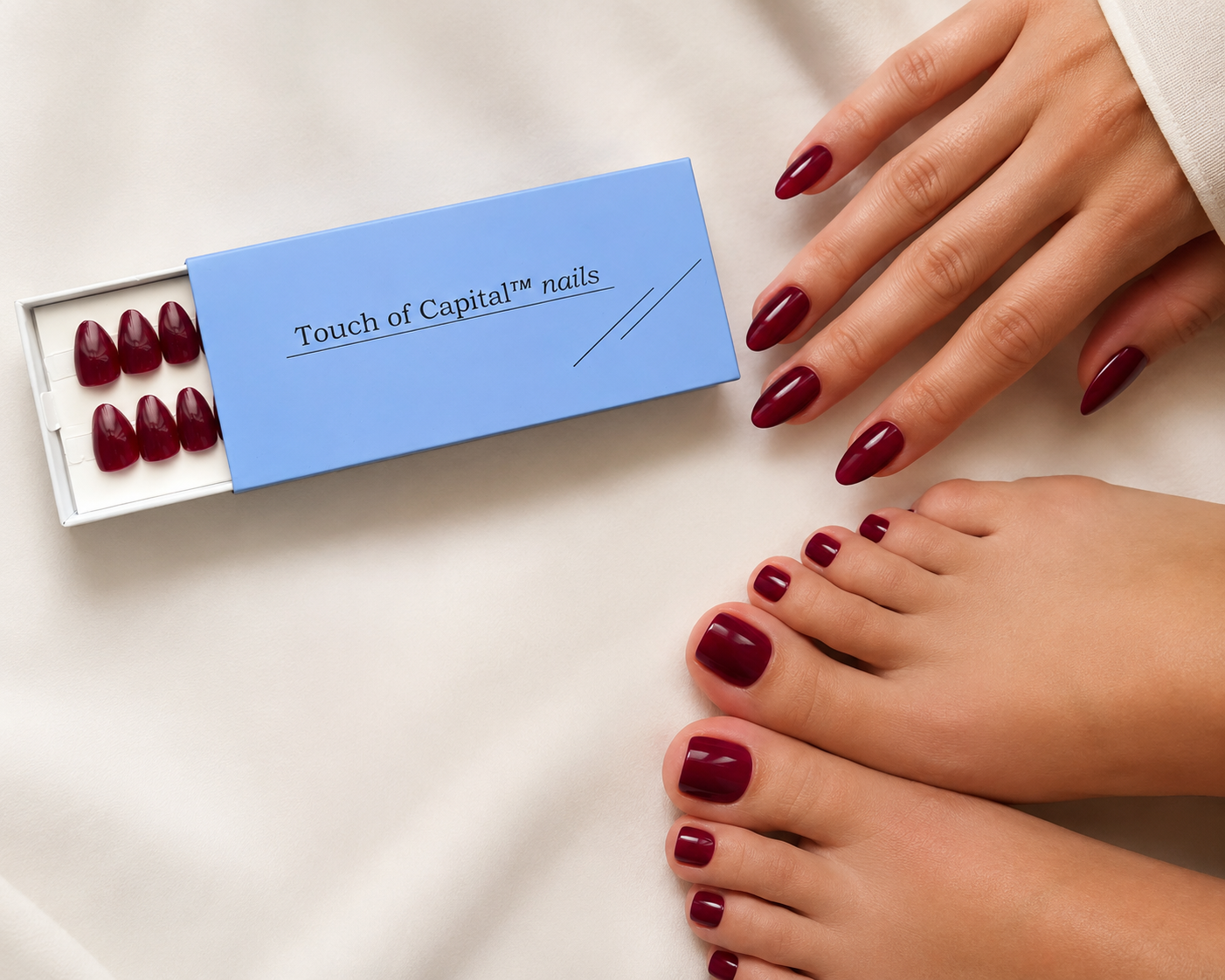 Almond Press On Nails | Dark Burgundy Red | Short | Touch of Capital Nails