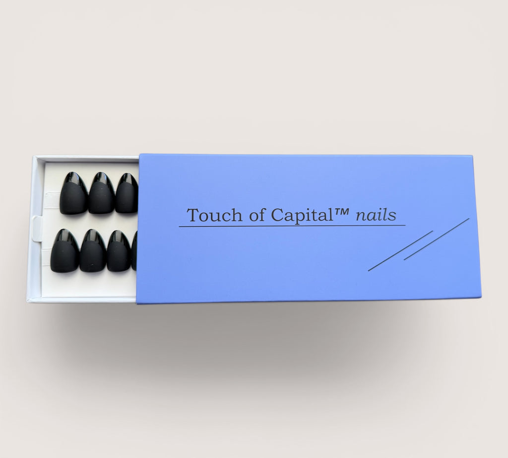 Press On Nails – Black Matte French | Short Almond | Touch of Capital Nails