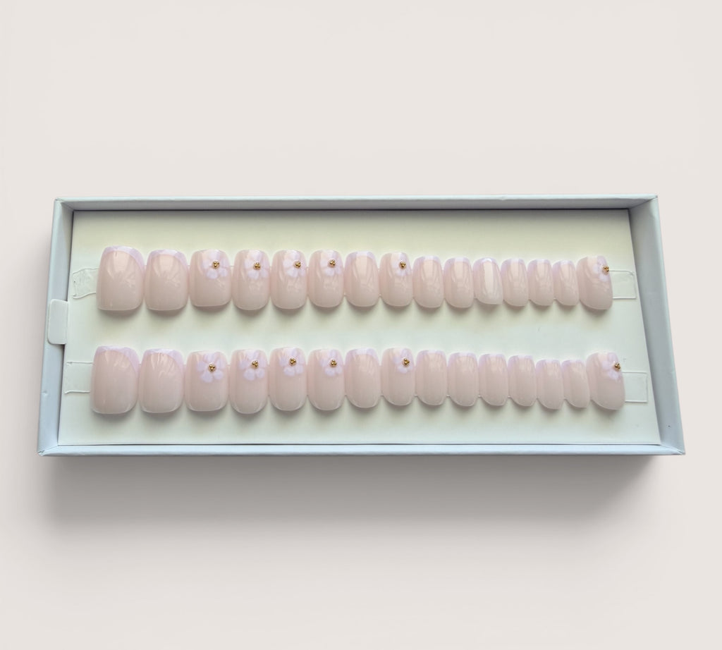 Press On Nails – Bloomy French | Short Square | Touch of Capital Nails